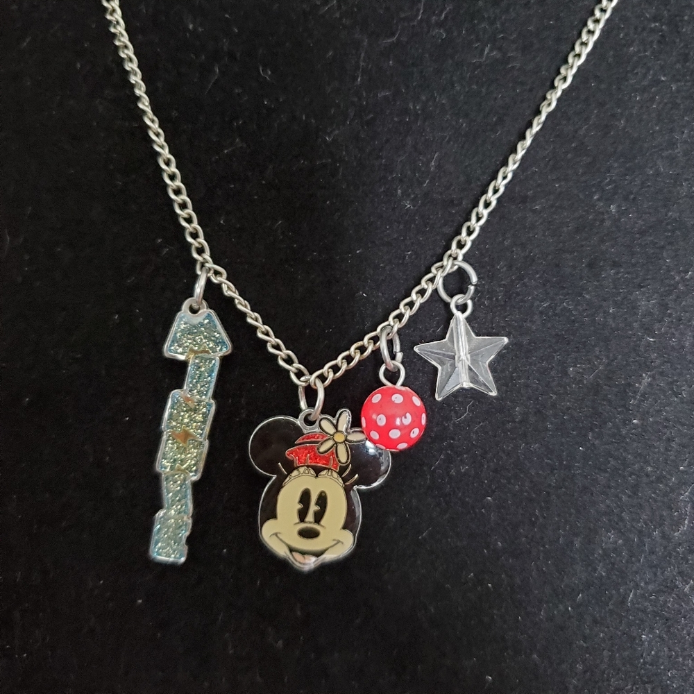 DISNEY Minnie Mouse silver charm necklace red white polka dot ball star glitter